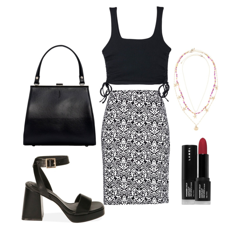Outfit donna - Ghost outfitter - maggio. Stile Trendy per Tutti i giorni. Abbinamento con gonne, ciondoli, rossetti, canottiere, sandali col tacco, clutch.