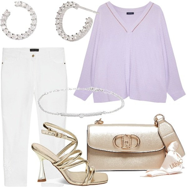 Outfit donna - Speciale Lilla. Stile Casual chic per Serata fuori. Abbinamento con braccialetti, orecchini, sandali col tacco, bluse, borse a spalla, pantaloni skinny.
