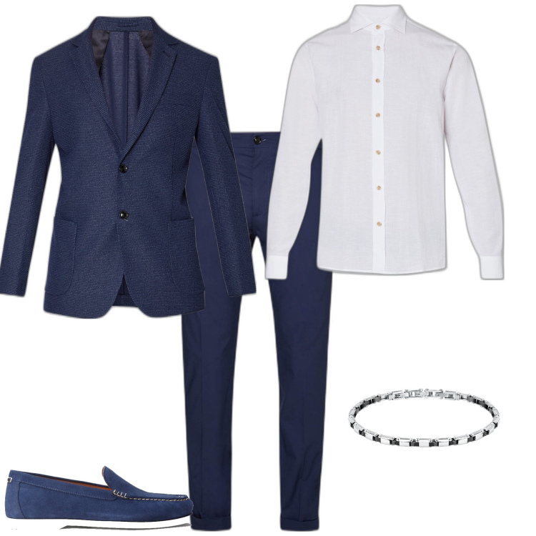 Outfit uomo - Elegante cerimonia serata. Stile Business/Elegante per Cerimonia. Abbinamento con braccialetti, scarpe stringate, giacche, pantaloni chino, camicie.