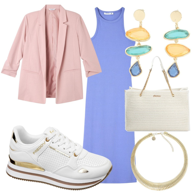Outfit donna - Sfumature pastello. Stile Glamour per Tutti i giorni. Abbinamento con vestiti lunghi, blazer, sneakers, borse a spalla, orecchini, collane.