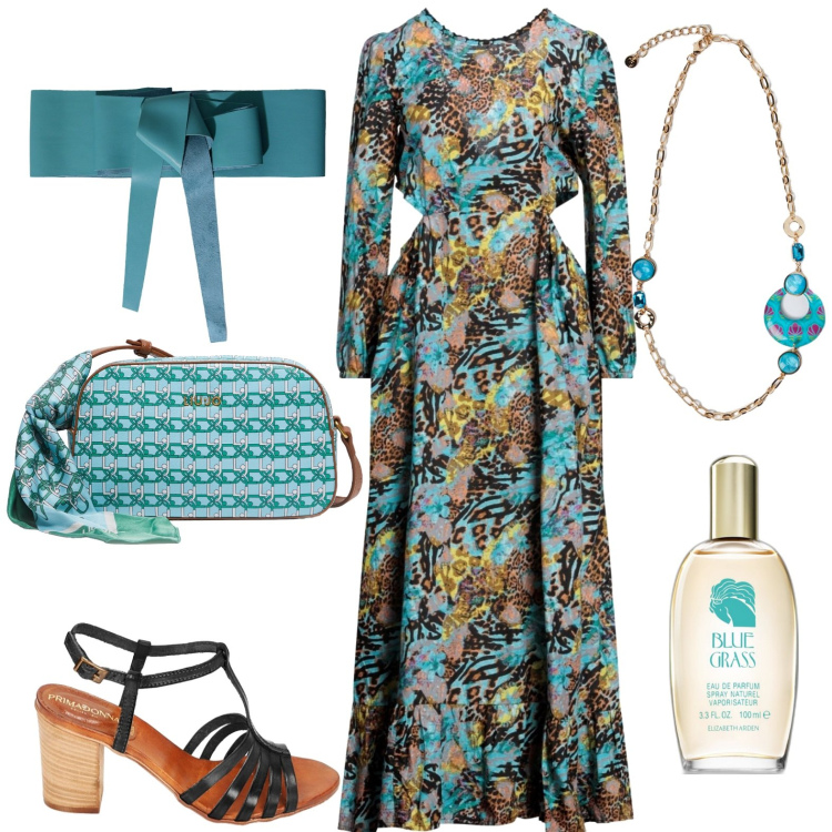Outfit donna - In lungo di giorno. Stile Casual chic per Tutti i giorni. Abbinamento con vestiti lunghi, profumi, cinture, sandali in pelle, ciondoli, borse a tracolla.
