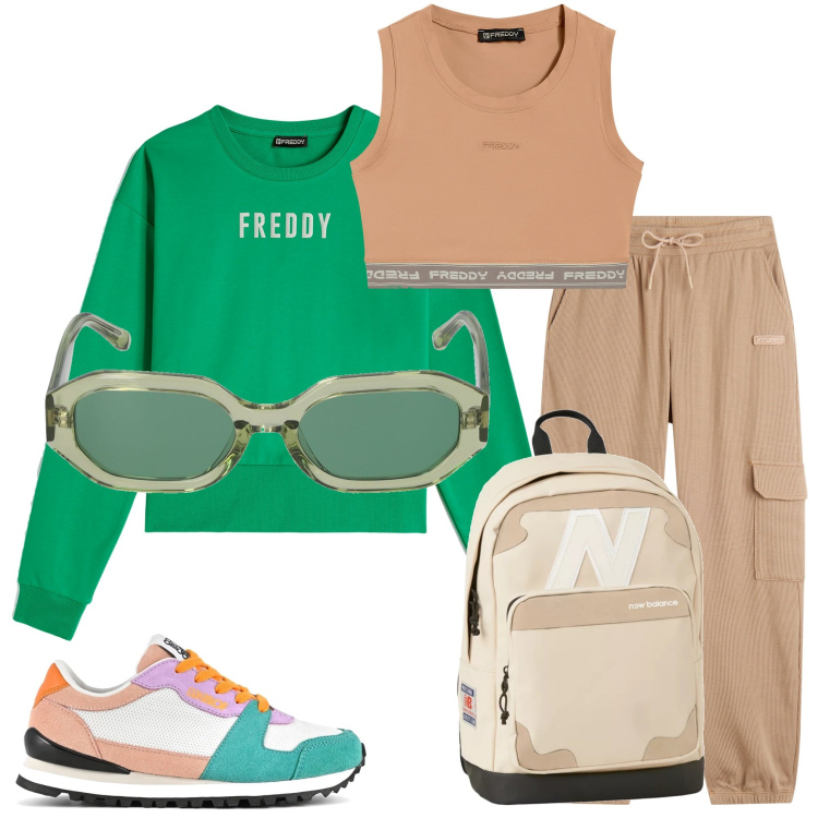Outfit donna - Sport e tempo libero. Stile Sporty chic per Sport. Abbinamento con zaini, pantaloni sportivi, felpe sportive, top sportivi, occhiali da sole, scarpe sportive.