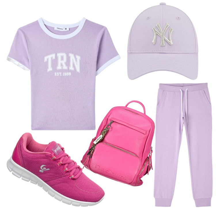 Outfit donna - Mi sento sportiva. Stile Basic per Sport. Abbinamento con pantaloni, t-shirt, sneakers, zaini, cappelli.