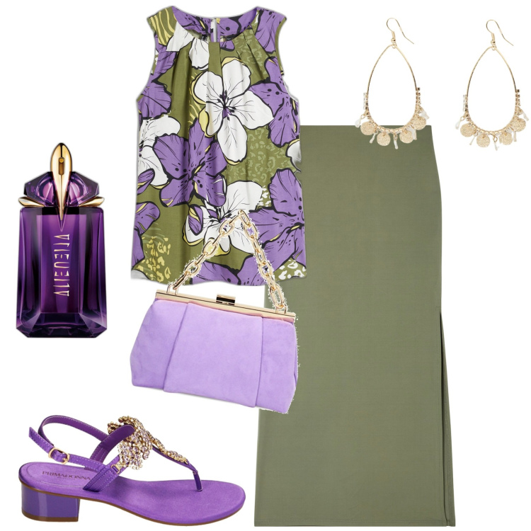 Outfit donna - Serata. Stile Trendy per Serata fuori. Abbinamento con top, profumi, gonne lunghe, orecchini, ciabatte, borse a spalla.