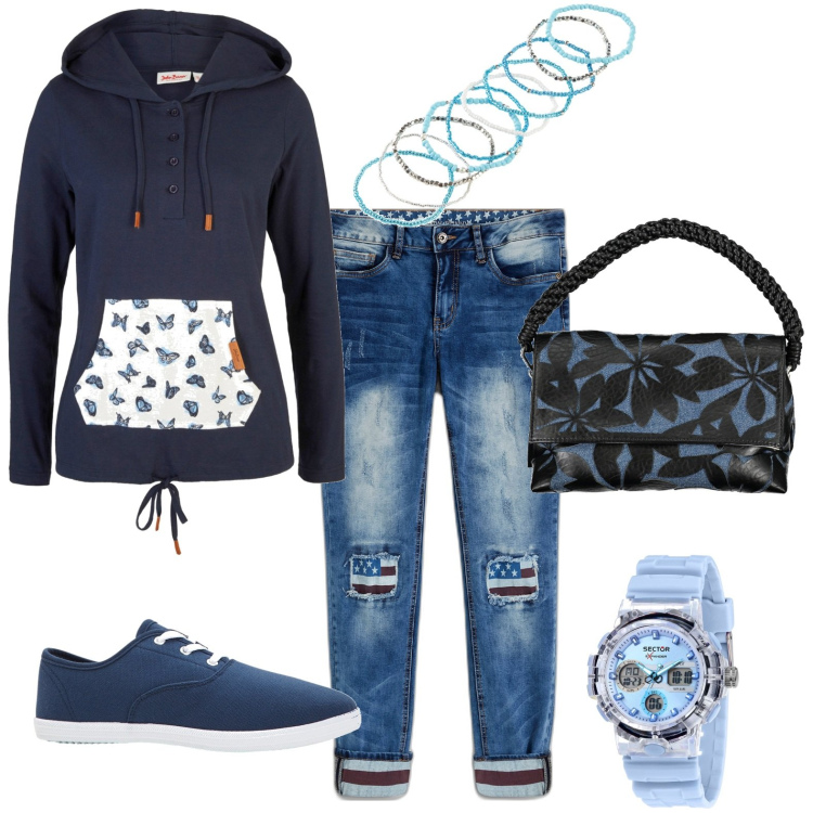 Outfit donna - Sportiva. Stile Casual per Tutti i giorni. Abbinamento con sneakers, maglieria, jeans skinny, braccialetti, orologi, borse a spalla.