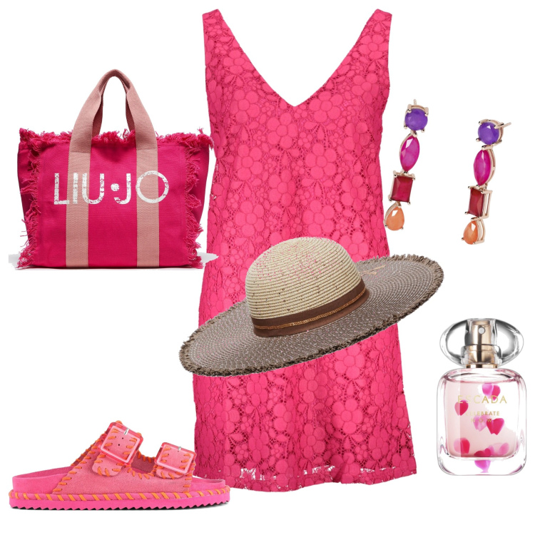 Outfit donna - Gita al mare. Stile Casual per Mare. Abbinamento con profumi, orecchini, vestiti corti, cappelli, sandali, shopping bag.