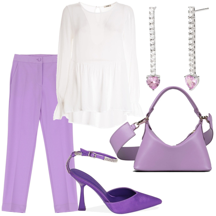 Outfit donna - Total look #1881845. Stile Chic per Serata fuori. Abbinamento con orecchini, bluse, décolleté, pantaloni, borse a mano.