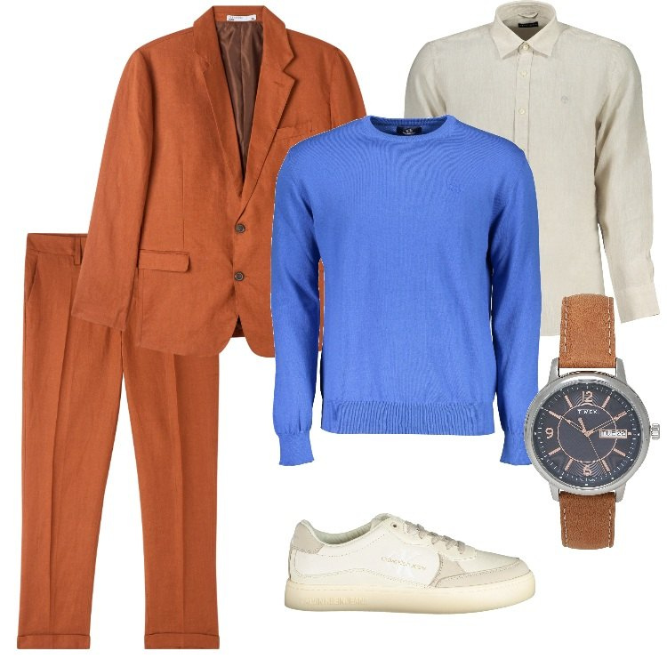 Outfit uomo - Ruggine e azzurro. Stile Casual per Mare. Abbinamento con orologi, giacche, pantaloni chino, scarpe sportive, maglieria, camicie.