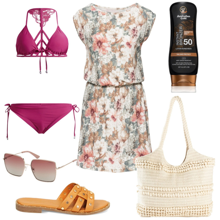 Outfit donna - Prima gita al mare. Stile Basic per Mare. Abbinamento con vestiti senza maniche, bikini, shopping bag, terre, sandali, occhiali da sole.
