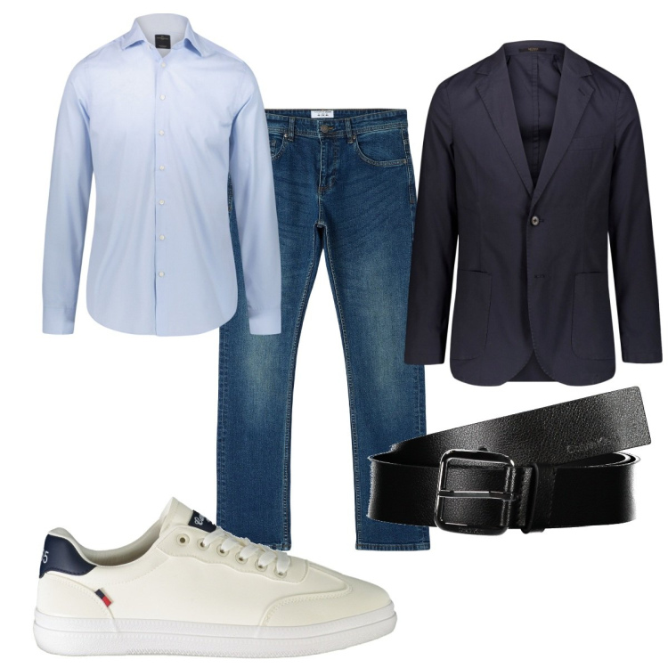 Outfit uomo - Total look #1881924. Stile Trendy per Ufficio. Abbinamento con jeans dritti, camicie, giacche, cinture, sneakers.