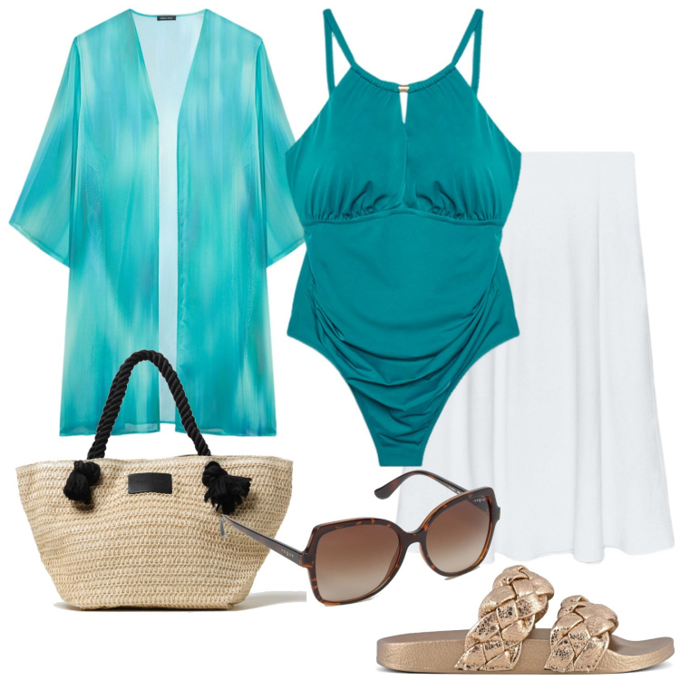 Outfit donna - Pronte per il mare!. Stile Casual chic per Mare. Abbinamento con ciabatte, borse tote, costumi interi, gonne, occhiali da sole, caftani.