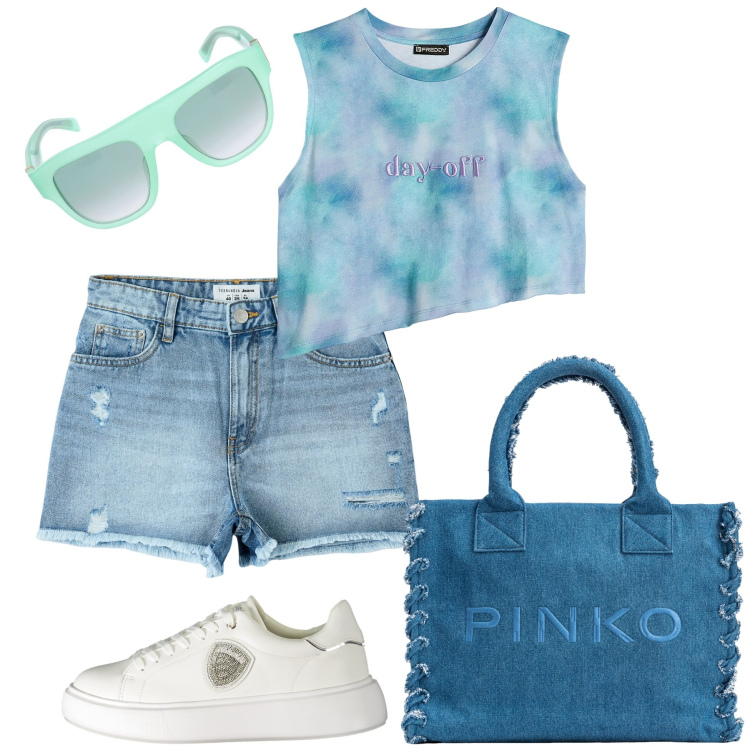 Outfit donna - Day off. Stile Casual per Mare. Abbinamento con shorts, shopping bag, t-shirt, sneakers, occhiali da sole.