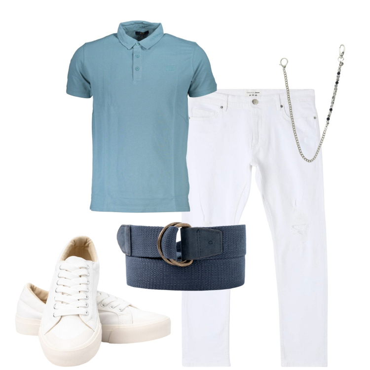 Outfit uomo - La polo azzurro polvere. Stile Casual per Tutti i giorni. Abbinamento con jeans strappati, collane, sneakers, cinture, polo.