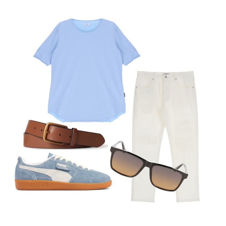 Outfit uomo - Ghost outfitter - maggio. Stile Casual per Tutti i giorni. Abbinamento con pantaloni, t-shirt, cinture, sneakers, occhiali da sole.