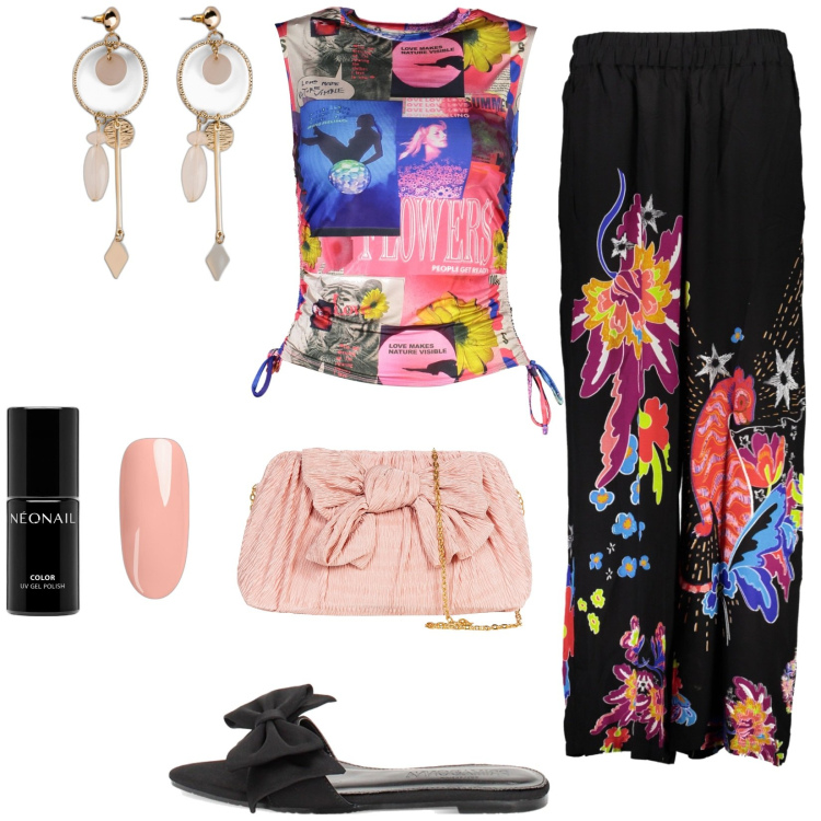 Outfit donna - Total look #1882000. Stile Urban per Tutti i giorni. Abbinamento con orecchini, smalti, pochette, sandali, pantaloni, canottiere.