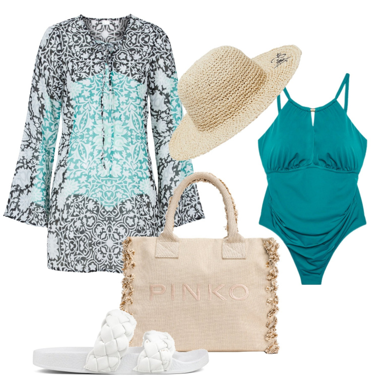 Outfit donna - Capri. Stile Glamour per Mare. Abbinamento con vestiti da spiaggia, shopping bag, ciabatte, costumi interi, cappelli.