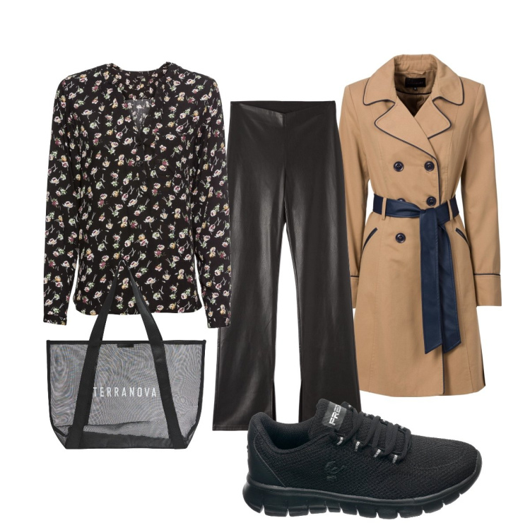 Outfit donna - Acquazzone: trench indispensabile. Stile Casual chic per Ufficio. Abbinamento con trench, bluse, pantaloni, shopping bag, sneakers.