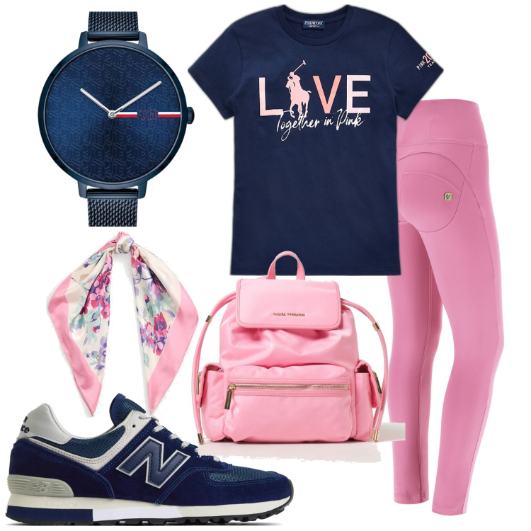 Outfit donna - Tempo libero. Stile Casual per Tutti i giorni. Abbinamento con orologi, sneakers, pantaloni skinny, t-shirt, foulard, zaini.