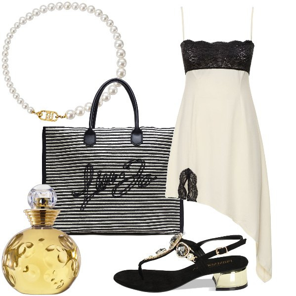 Outfit donna - Total look #1882020. Stile Bon Ton per Tutti i giorni. Abbinamento con profumi, sandali gioiello, vestiti asimmetrici, collane, shopping bag.