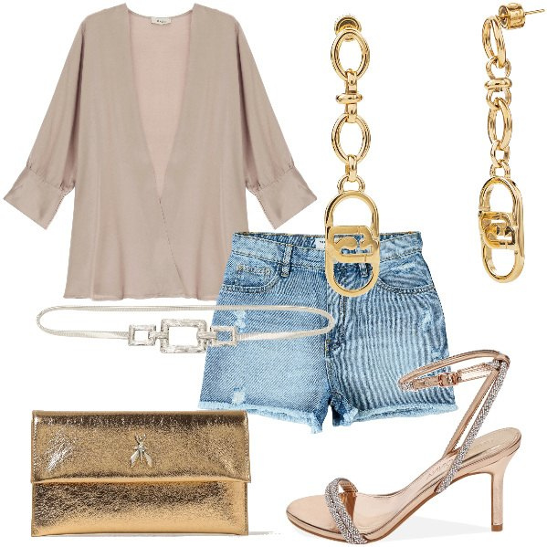 Outfit donna - Total look #1882023. Stile Sexy per Serata fuori. Abbinamento con shorts, sandali gioiello, cinture, cardigans, orecchini, clutch.