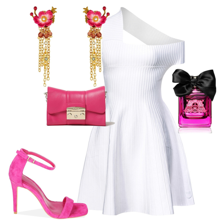 Outfit donna - Estate. Stile Chic per Serata fuori. Abbinamento con orecchini, profumi, vestiti asimmetrici, sandali col tacco, borse a spalla.