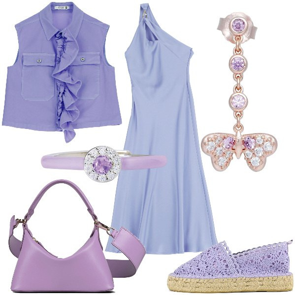 Outfit donna - Total look #1882030. Stile Bon Ton per Tutti i giorni. Abbinamento con orecchini, anelli, gilet, vestiti asimmetrici, espadrillas, borse a mano.