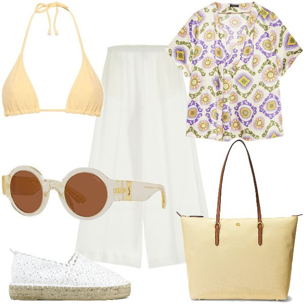 Outfit donna - Total look #1882033. Stile Basic per Mare. Abbinamento con pantaloni, occhiali da sole, borse tote, espadrillas, bluse, bikini.