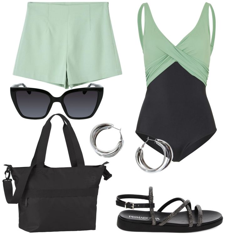Outfit donna - Prima gita al mare. Stile Trendy per Mare. Abbinamento con costumi interi, shorts, borse tote, sandali gioiello, orecchini, occhiali da sole.