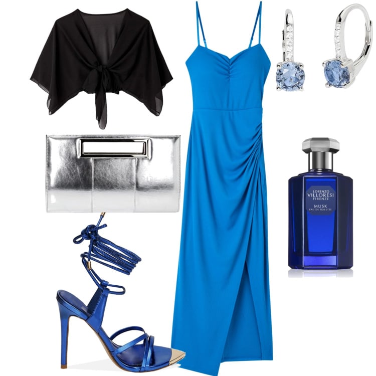 Outfit donna - Serata. Stile Glamour per Serata fuori. Abbinamento con profumi, orecchini, vestiti lunghi, blazer, pochette, sandali gioiello.