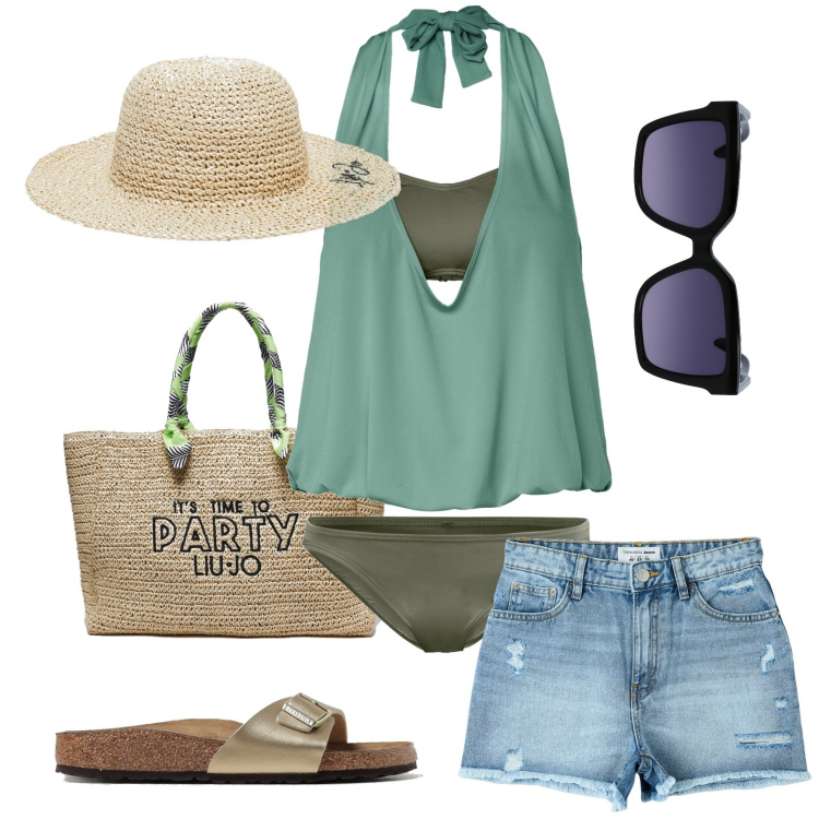 Outfit donna - Prima Gita al Mare. Stile Casual per Mare. Abbinamento con costumi interi, shorts, sandali, occhiali da sole, cappelli, shopping bag.
