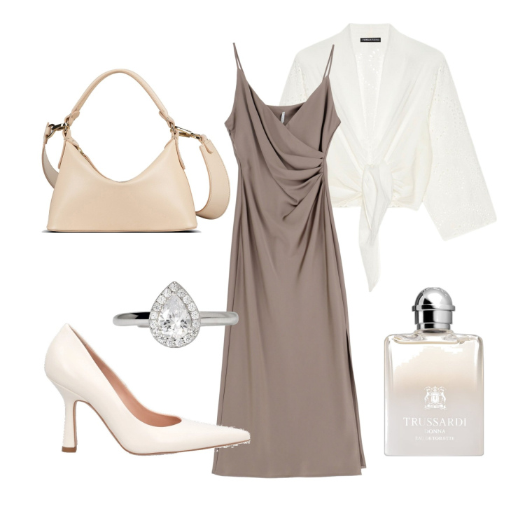 Outfit donna - Matrimonio nude. Stile Chic per Cerimonia. Abbinamento con profumi, anelli, vestiti midi/longuette, blazer, décolleté, borse a mano.