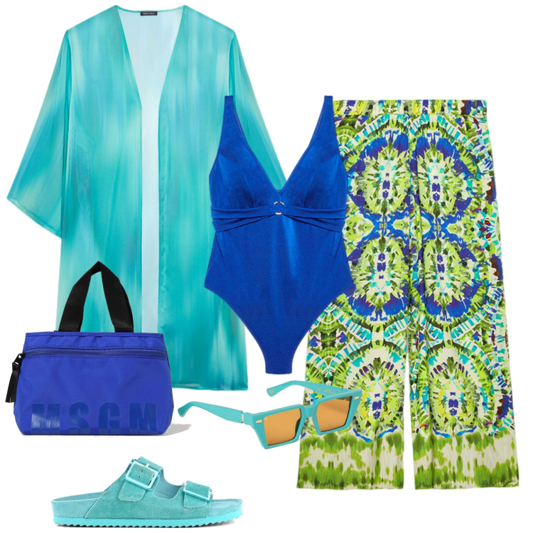 Outfit donna - Fiorella Rubino mare. Stile Casual chic per Mare. Abbinamento con sandali, pantaloni a palazzo, costumi interi, caftani, borse tote, occhiali da sole.