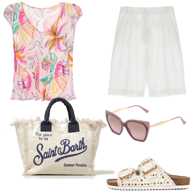 Outfit donna - Romantica in vacanza. Stile Basic per Tutti i giorni. Abbinamento con bermuda, top, sandali, occhiali da sole, borse tote.