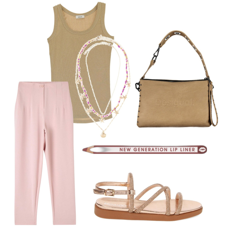 Outfit donna - Total look #1882064. Stile Casual chic per Tutti i giorni. Abbinamento con ciondoli, matite labbra, pantaloni chino, sandali gioiello, top, borse a spalla.