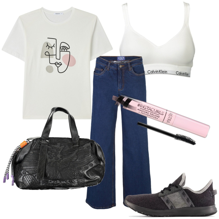 Outfit donna - Total look #1882068. Stile Casual per Tutti i giorni. Abbinamento con jeans, mascara, t-shirt, sneakers, bralette, collane.