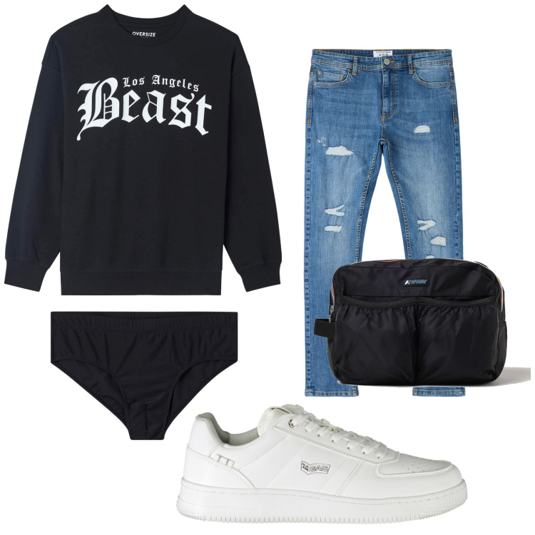 Outfit uomo - Total look #1882077. Stile Casual per Tutti i giorni. Abbinamento con felpe, costumi, jeans strappati, sneakers, borse sportive.