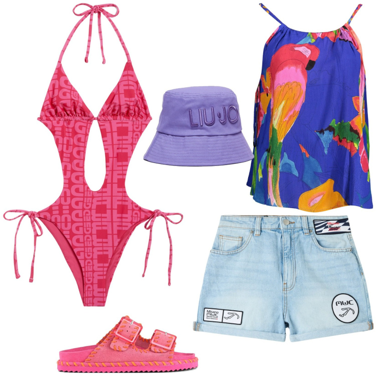 Outfit donna - Primo mare. Stile Trendy per Mare. Abbinamento con shorts, costumi interi, canottiere, sandali, cappelli.