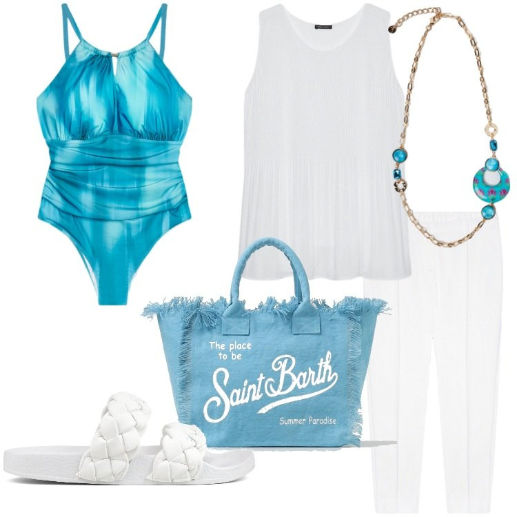 Outfit donna - Fiorella Rubino - Beachwear Collection. Stile Romantica per Mare. Abbinamento con ciabatte, costumi interi, borse a spalla, top, pantaloni, ciondoli.
