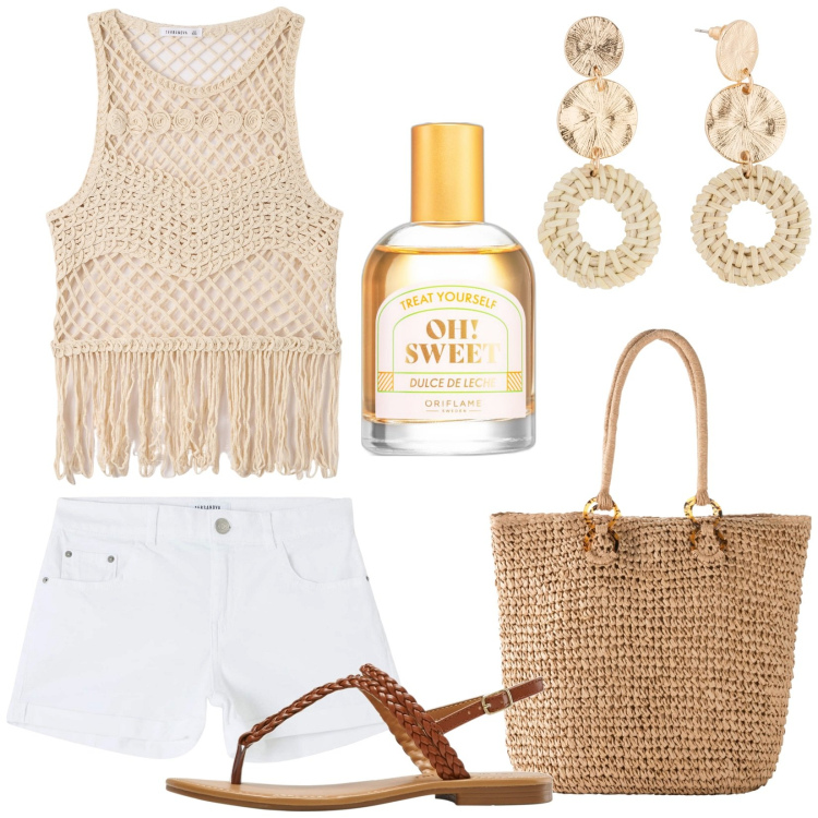Outfit donna - Total look #1882115. Stile Boho per Tutti i giorni. Abbinamento con shopping bag, ciabatte, orecchini, profumi, top, shorts.