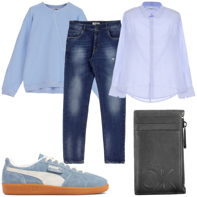 Outfit uomo - Il maglioncino azzurro polvere. Stile Trendy per Tutti i giorni. Abbinamento con camicie, felpe, jeans slim fit, portafogli, sneakers.