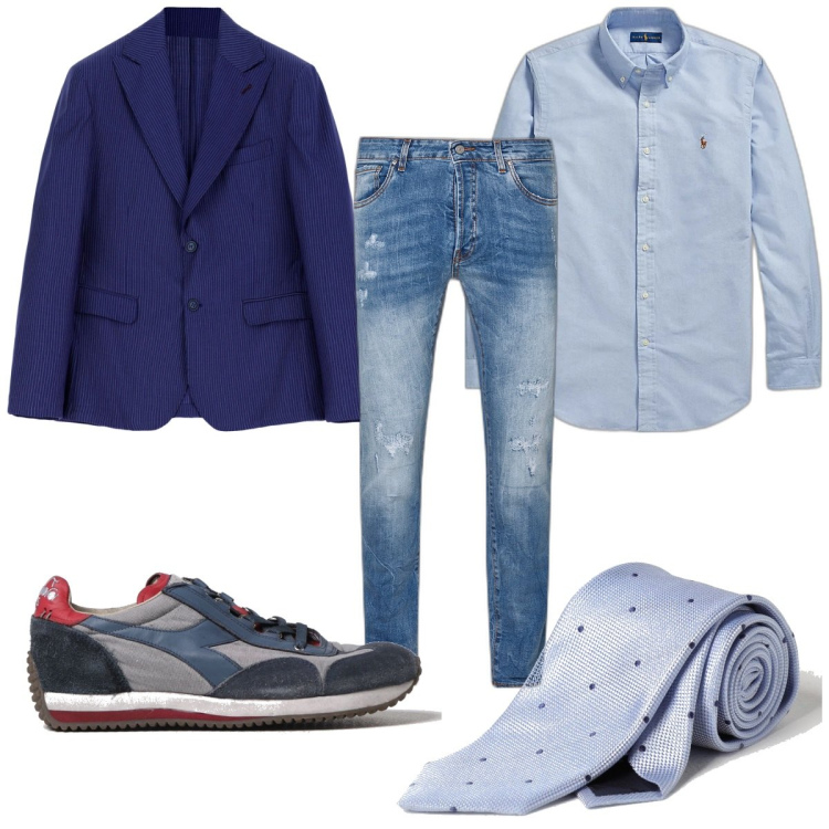 Outfit uomo - Casual in azzurro polvere. Stile Casual per Tutti i giorni. Abbinamento con giacche, camicie, cravatte, jeans strappati, sneakers.
