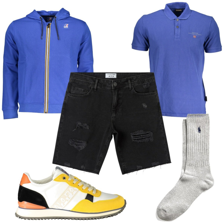 Outfit uomo - La polo blu. Stile Trendy per Tutti i giorni. Abbinamento con shorts, calzini, polo, sneakers, felpe con cappuccio.