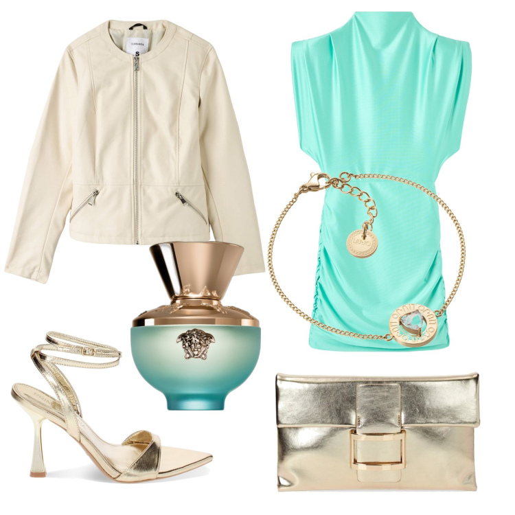 Outfit donna - Total look #1882127. Stile Glamour per Serata fuori. Abbinamento con profumi, vestiti corti, blazer, pochette, sandali col tacco, braccialetti.