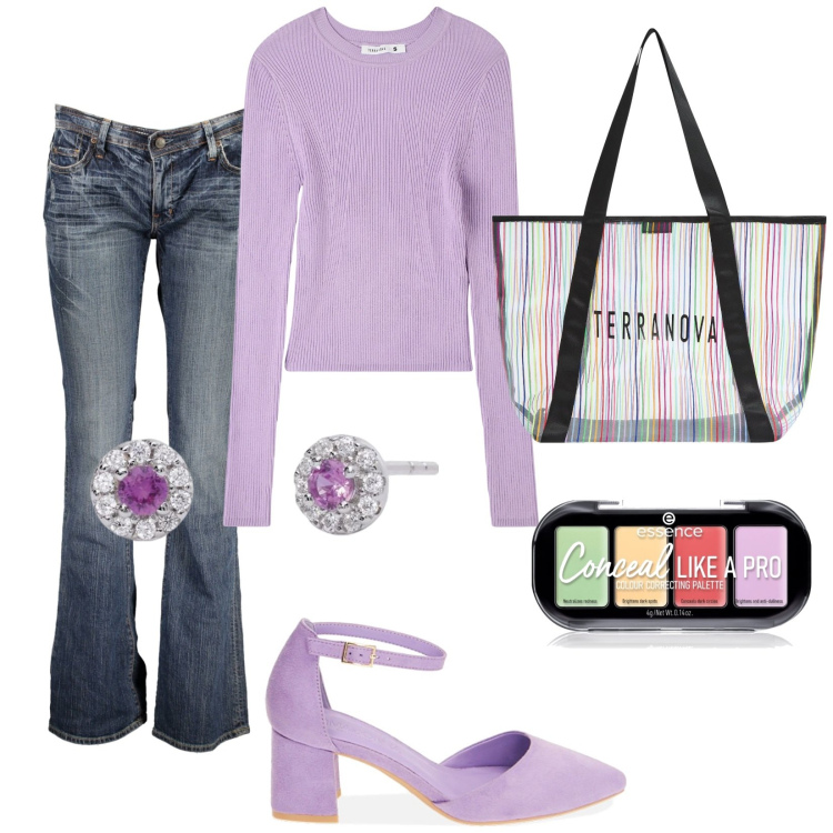 Outfit donna - Total look #1882134. Stile Basic per Tutti i giorni. Abbinamento con primer, shopping bag, maglieria, orecchini, décolleté, jeans.