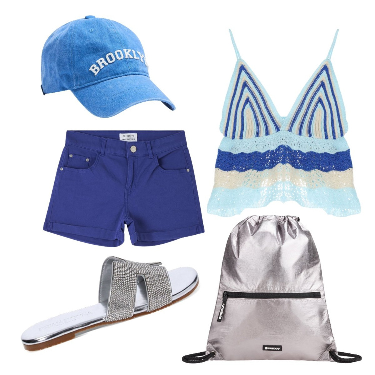 Outfit donna - Colori del mare. Stile Casual per Mare. Abbinamento con cappelli, shorts, top, zaini, sandali gioiello.