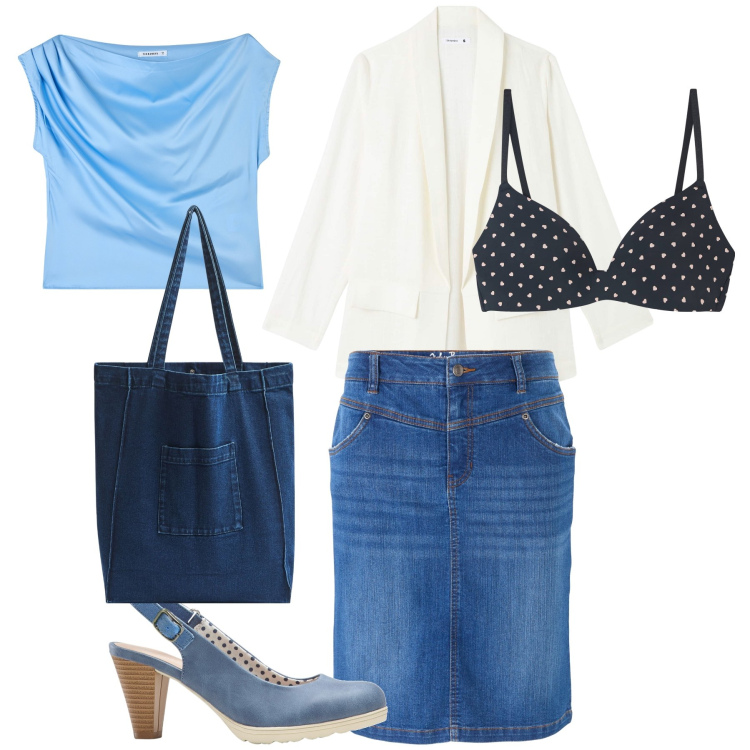 Outfit donna - Chic con gonna jeans e blazer. Stile Bon Ton per Tutti i giorni. Abbinamento con gonne, décolleté, reggiseni, bluse, blazer, shopping bag.