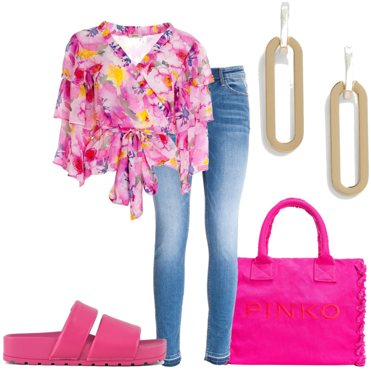 Outfit donna - Camicia a fiori. Stile Casual per Tutti i giorni. Abbinamento con shopping bag, bluse, jeans skinny, orecchini, ciabatte.