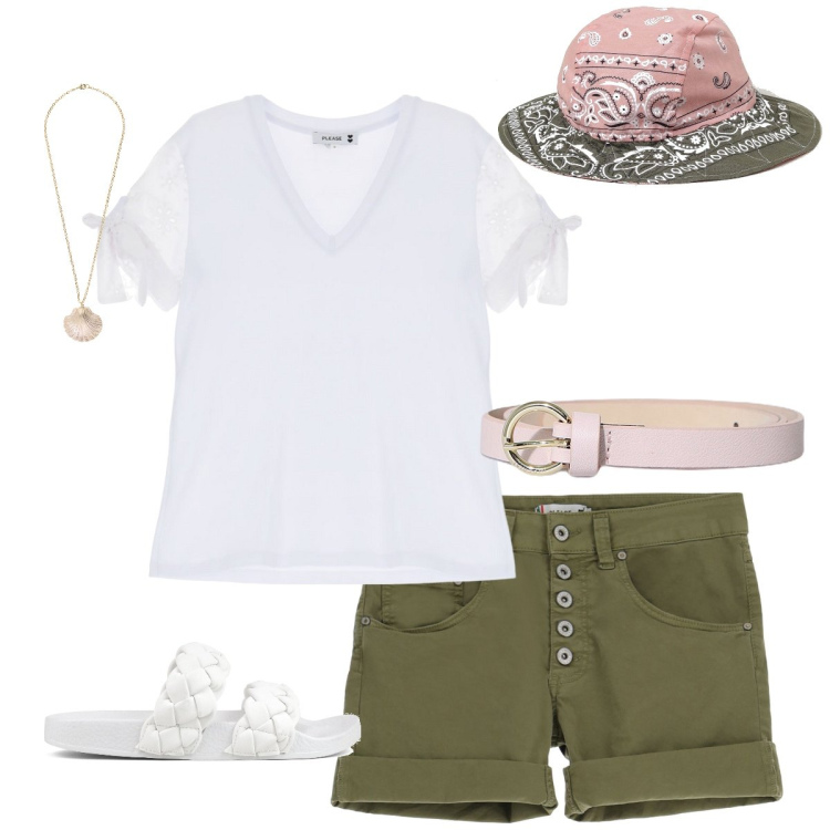 Outfit donna - In vacanza….. Stile Sporty chic per Mare. Abbinamento con t-shirt, shorts, cinture, collane, ciabatte, cappelli.