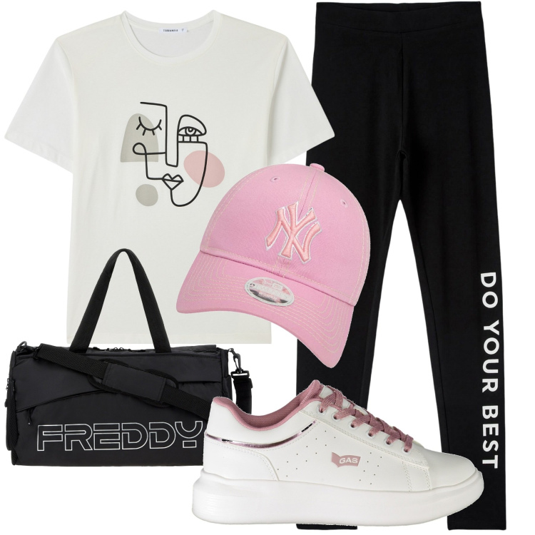 Outfit donna - Total look #1882196. Abbinamento con leggings, t-shirt, borse sportive, sneakers, cappelli con visiera.