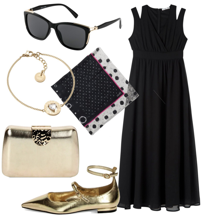 Outfit donna - Serate estive. Stile Casual chic per Serata fuori. Abbinamento con occhiali da sole, vestiti lunghi, clutch, ballerine, braccialetti, sciarpe.